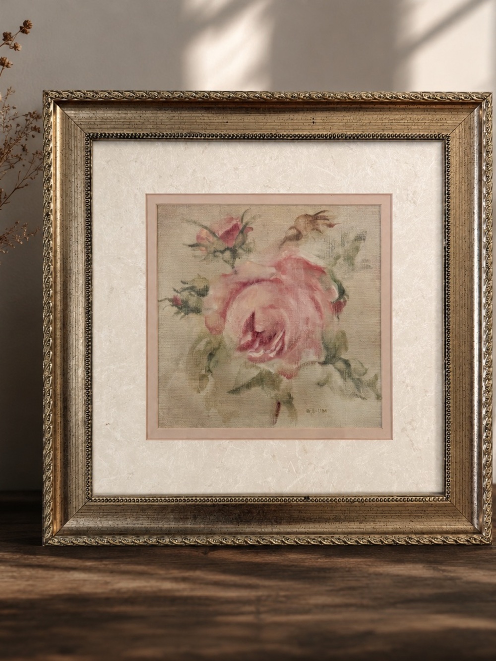 Cheri Blum Pale Pink Rose on Antique Linen
